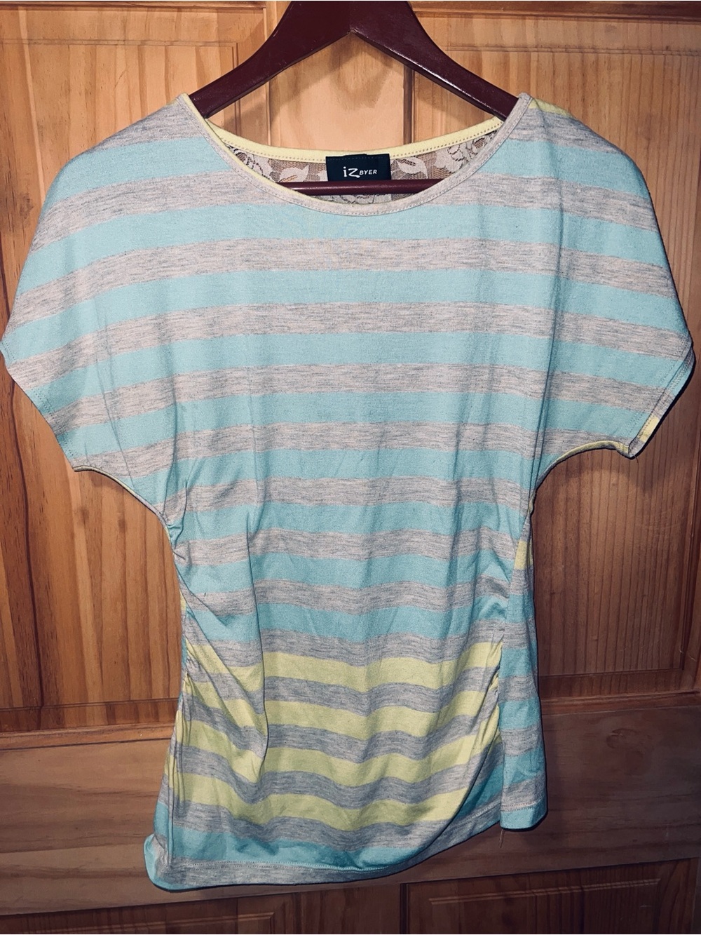 Iz Byer Striped Short Sleeve Tee in Aqua, Gray & Yellow